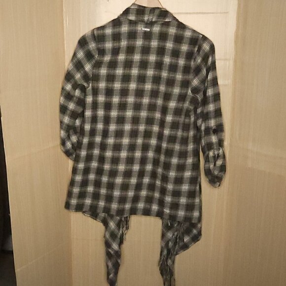 Billabong Womens Blue Plaid Fringe Cotton Open Front Top Medium - Picture 2 of 6